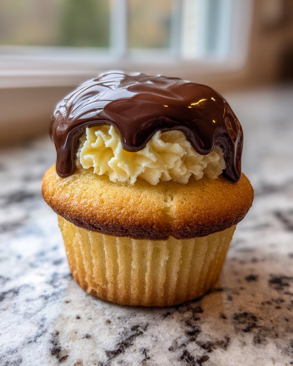 A single, golden Boston cream pie cupcakes topped with vanilla pastry cream and dripping dark chocolate ganache.