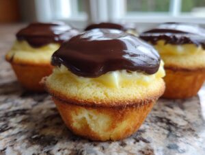 A close-up of one of the delicious Boston Cream Pie Cupcakes, showing vanilla cake, pastry cream filling, and rich chocolate ganache.