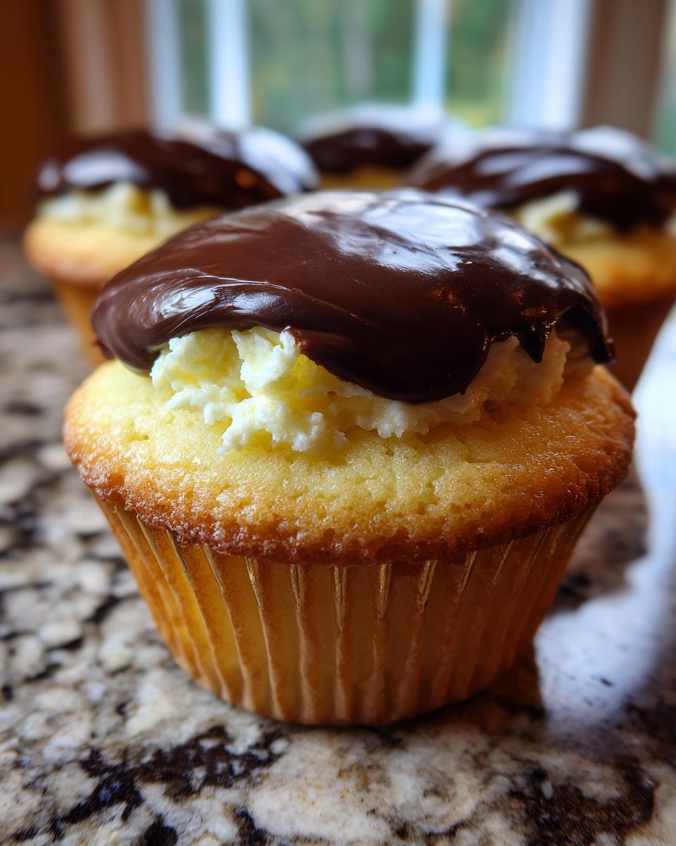 A close-up of one of the delicious boston cream pie cupcakes, showing vanilla cake, pastry cream filling, and glossy chocolate ganache.