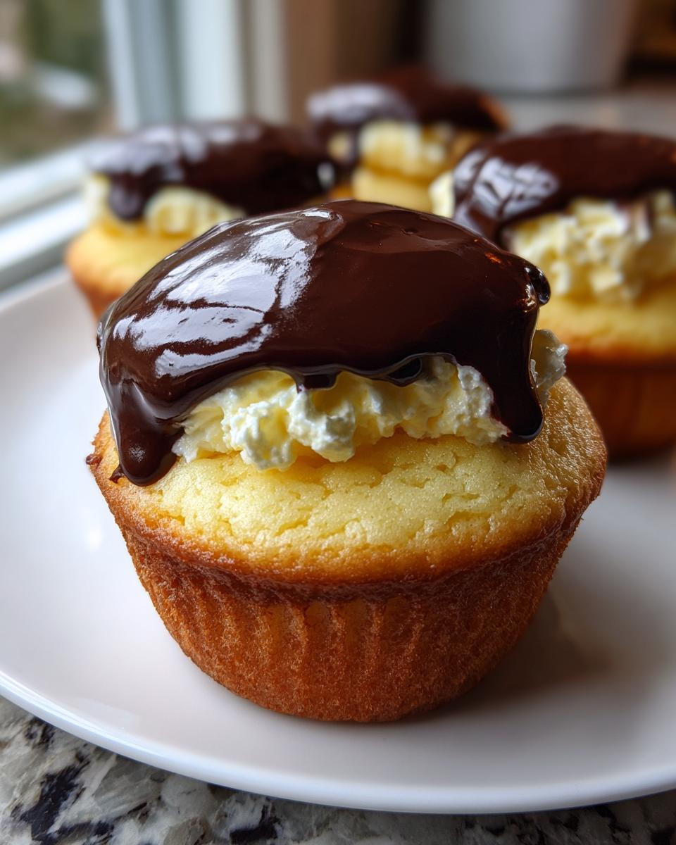 A close-up of one of the Boston Cream Pie Cupcakes topped with vanilla cream filling and rich, dripping chocolate ganache.