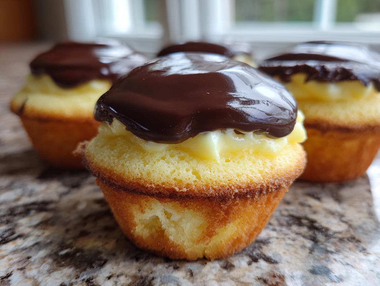 A close-up of one of the delicious Boston Cream Pie Cupcakes, showing vanilla cake, pastry cream filling, and rich chocolate ganache.