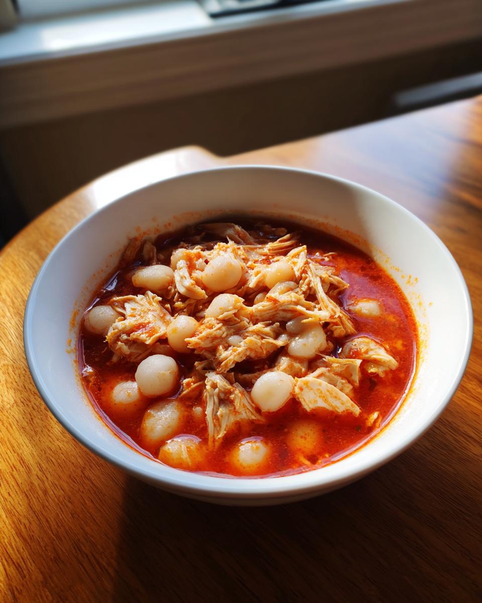 A white bowl filled with vibrant red broth, shredded chicken, and hominy, ready to eat chicken pozole.