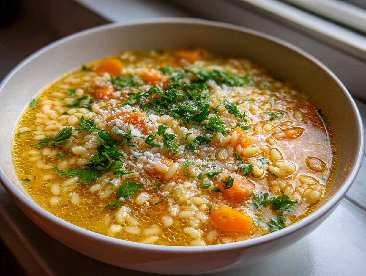 A close-up of a warm bowl of pastina soup, featuring small pasta, carrots, and topped with parsley and grated cheese.