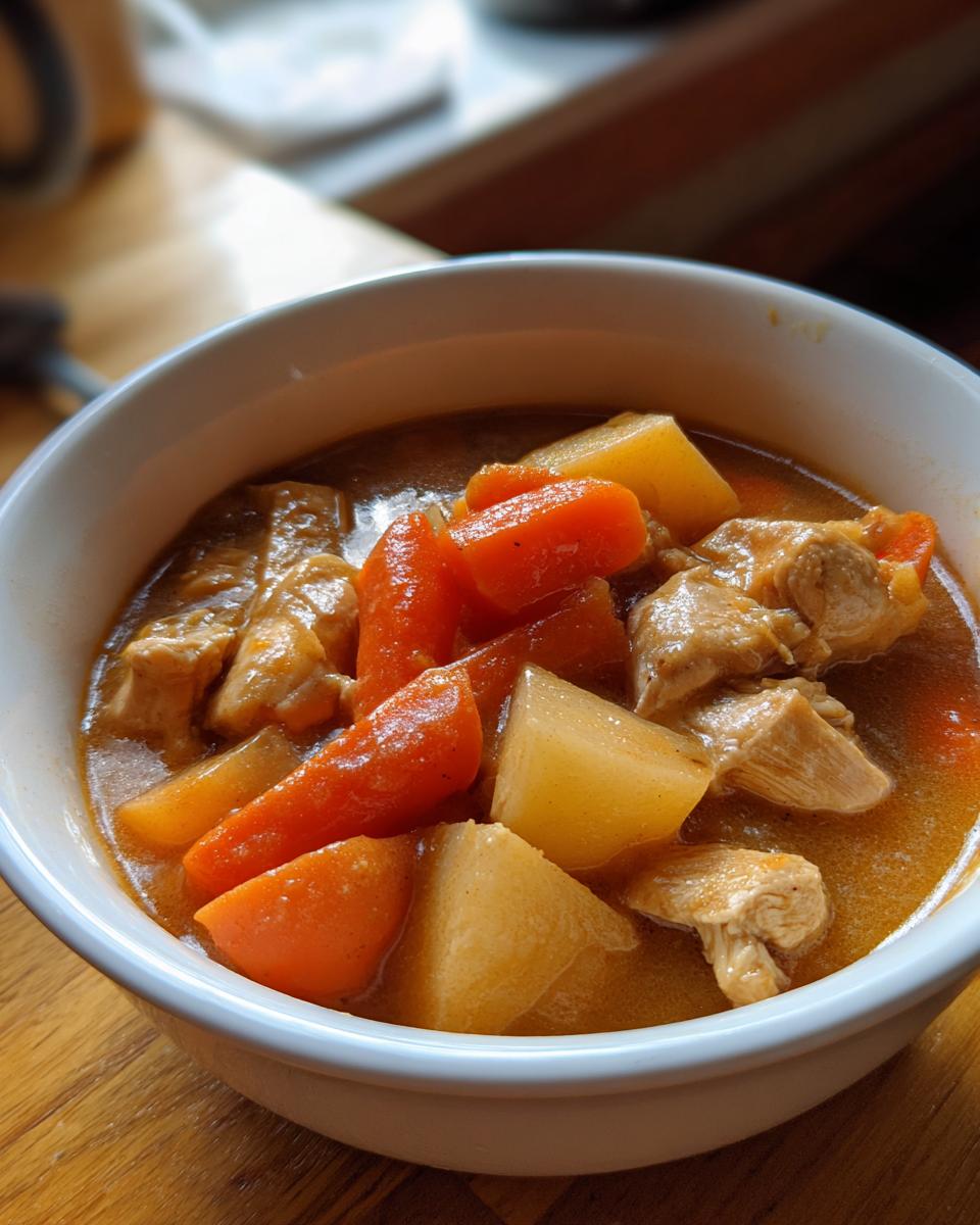 Close-up of a white bowl filled with rich, savory slow cooker chicken stew featuring chunks of chicken, bright carrots, and potatoes.