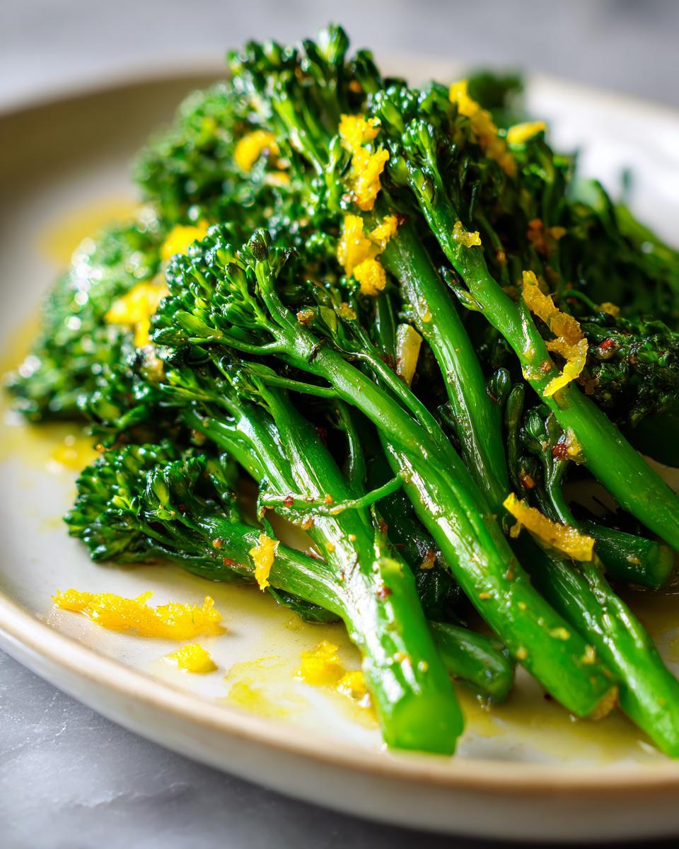 Close-up of bright green, cooked broccolini tossed in oil and topped with vibrant yellow lemon zest.