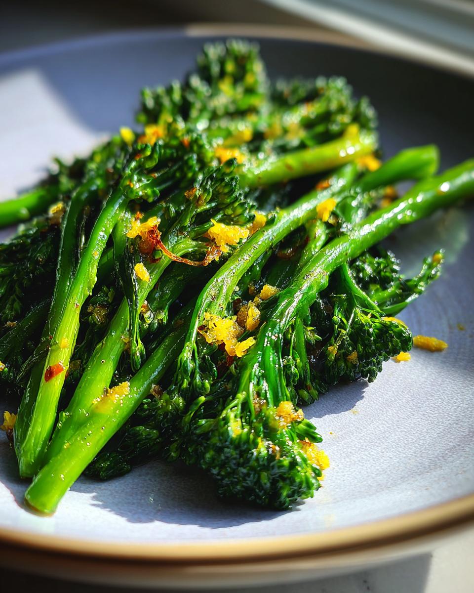 Close-up of bright green, cooked broccolini topped with lemon zest and chili flakes on a pale plate.