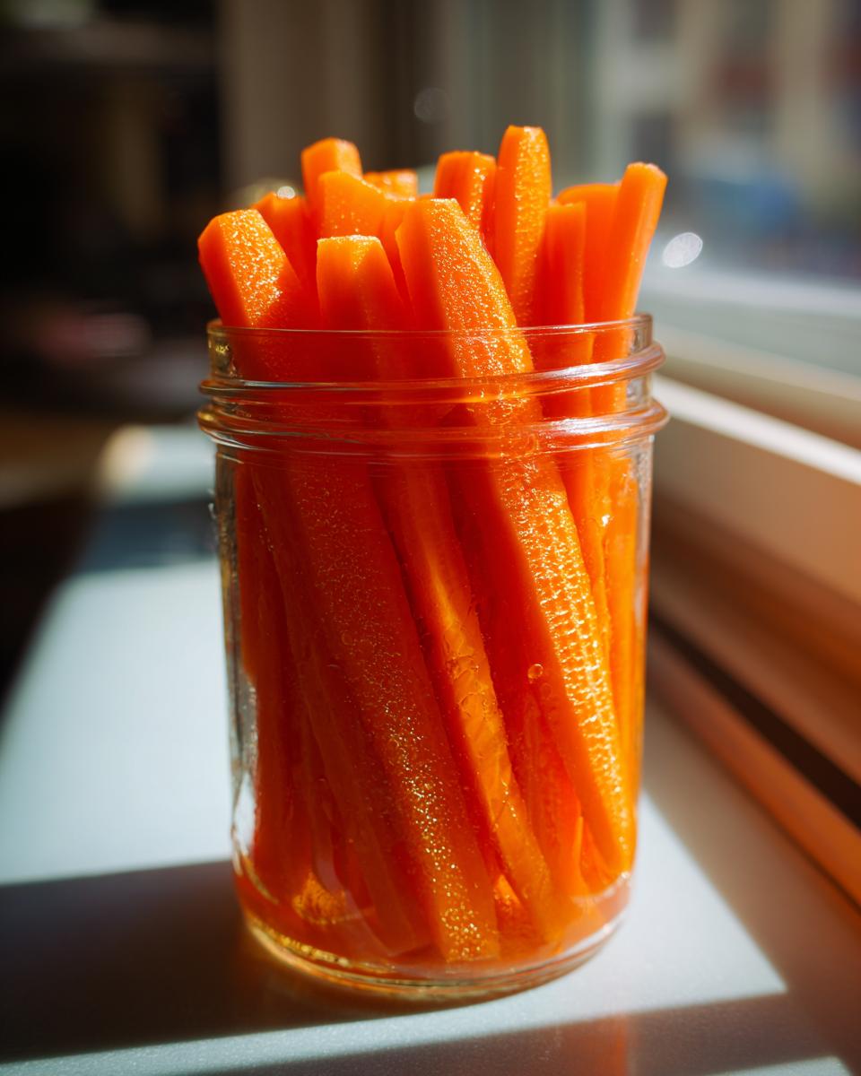 Bright orange carrot sticks packed tightly in a clear glass jar, showcasing the texture of the pickled carrots.