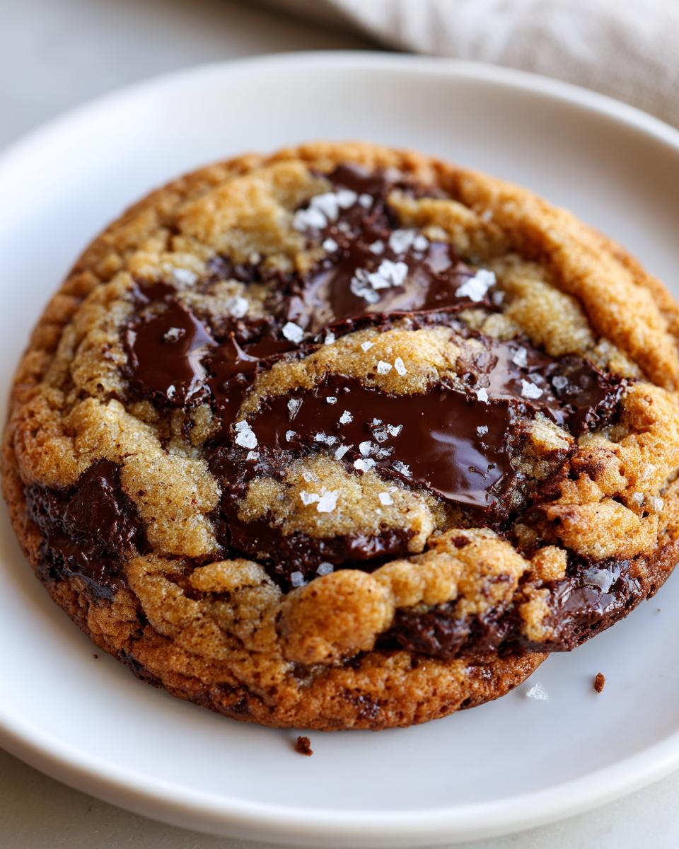 Close-up of a gooey brown butter chocolate chip cookie topped with melted chocolate pools and flaky sea salt.