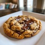 A close-up of a freshly baked brown butter chocolate chip cookie topped with flaky sea salt.