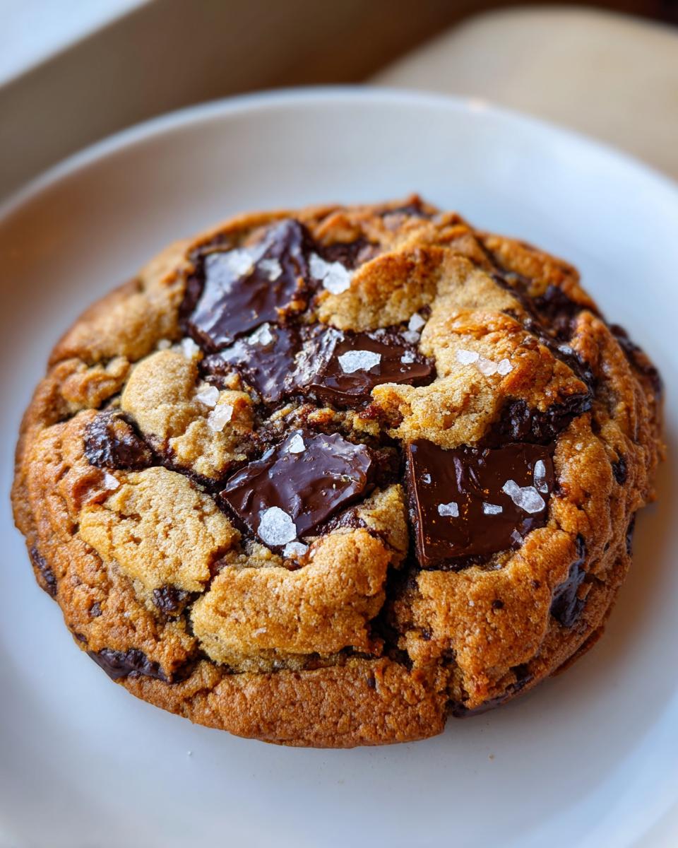 Close-up of a freshly baked brown butter chocolate chip cookie topped with large chunks of melted chocolate and flaky sea salt.