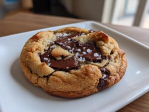 A close-up of a perfectly baked brown butter chocolate chip cookie topped with melted chocolate chunks and flaky sea salt.