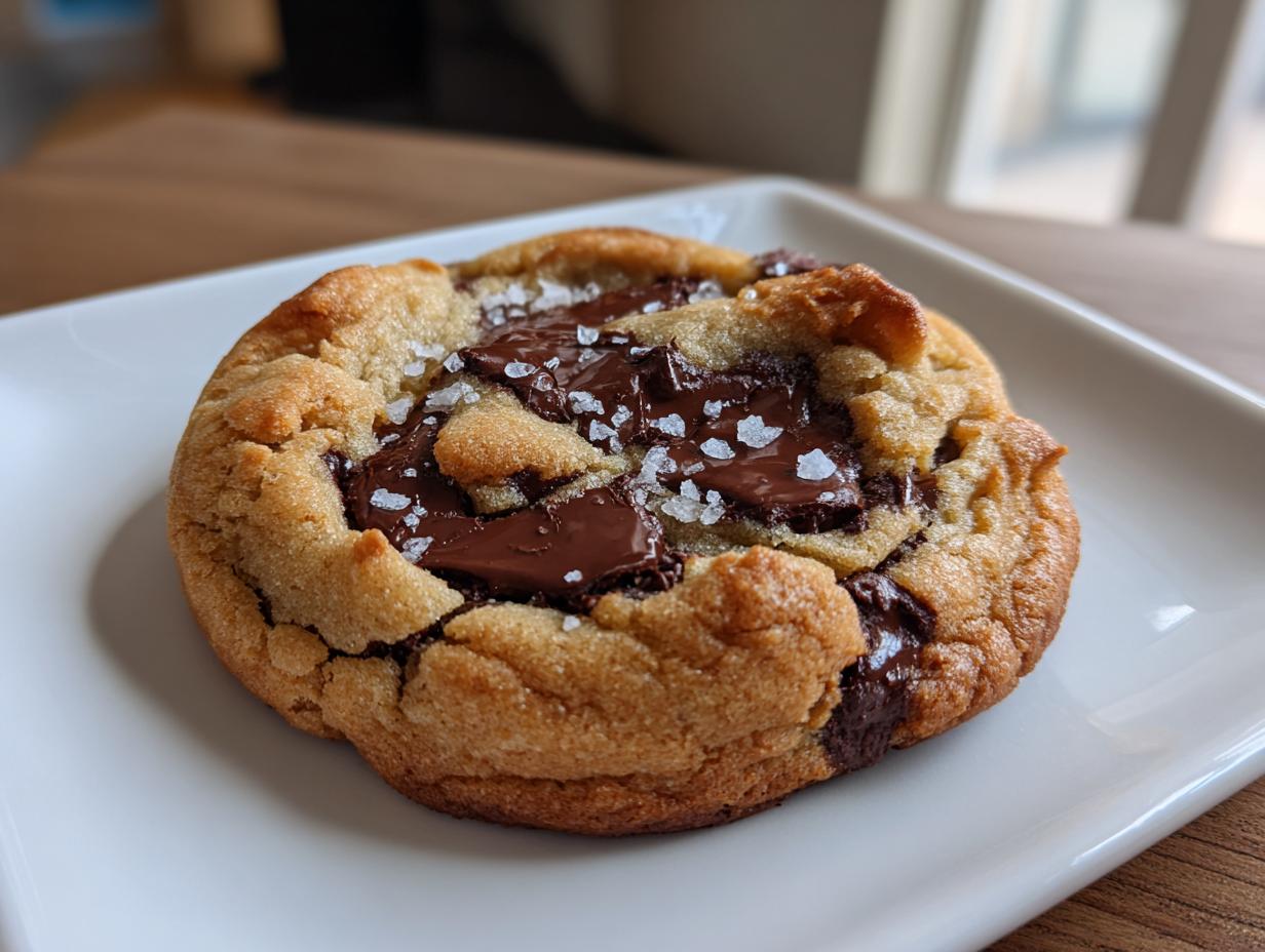 A close-up of a perfectly baked brown butter chocolate chip cookie topped with melted chocolate chunks and flaky sea salt.