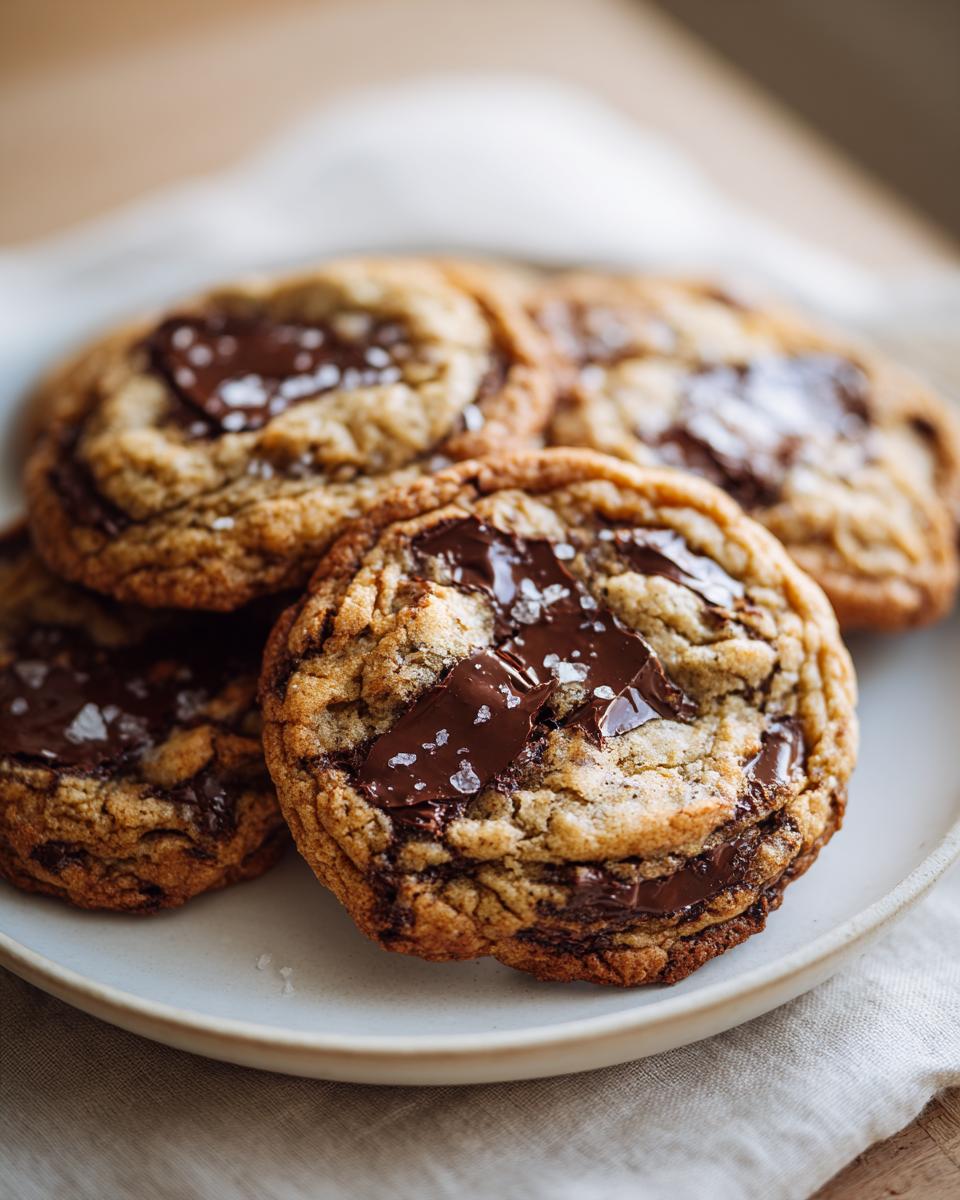 Close-up of several rich brown butter chocolate chip cookies topped with melted chocolate chunks and flaky sea salt.