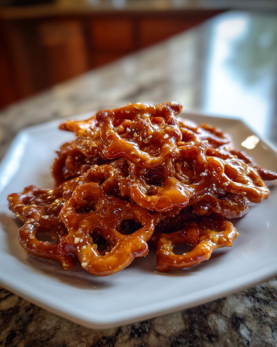 A pile of shiny, caramel-coated toffee pretzels sprinkled with salt or sesame seeds, served on a white square plate.