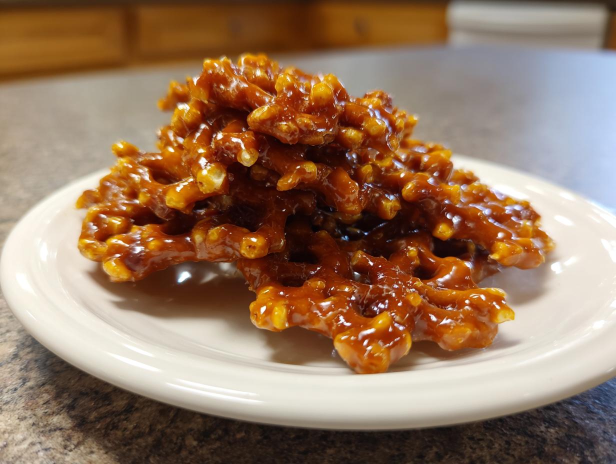 A cluster of crunchy, glazed butter toffee pretzels piled on a small white plate.