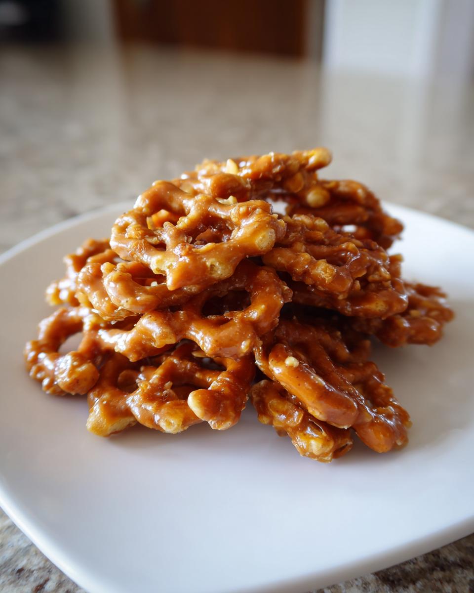 A close-up of a small pile of crunchy pretzels coated in glossy, rich butter toffee mixture.