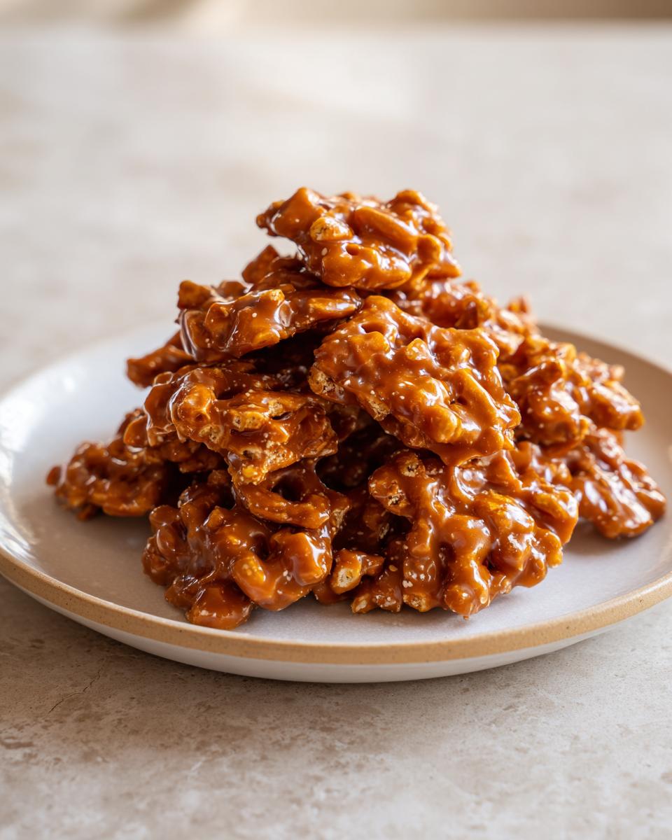 A mound of glossy, caramel-coated toffee pretzels stacked high on a light-colored plate.