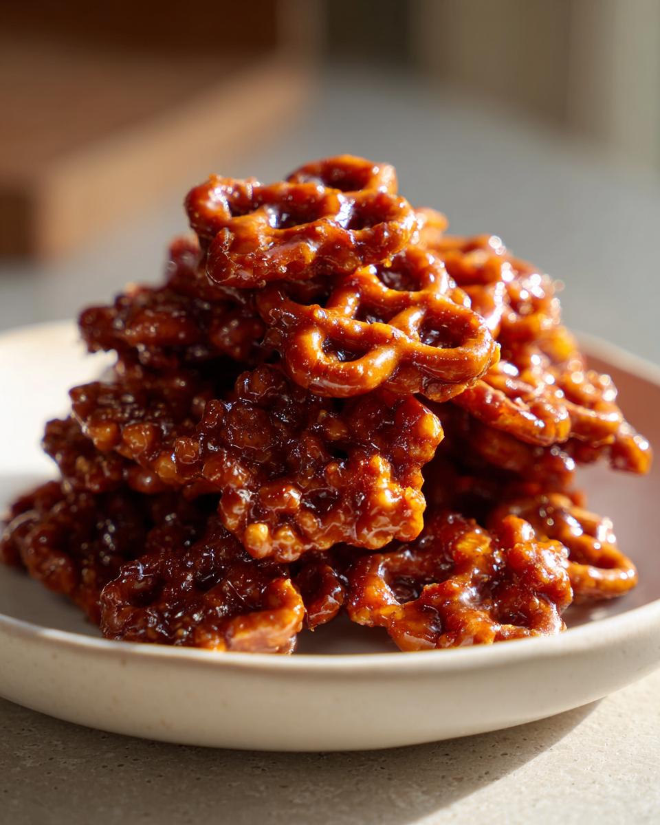 A close-up stack of shiny, dark brown butter toffee pretzels piled high on a light ceramic plate.