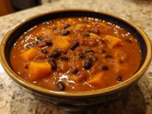 Close-up of a rustic bowl filled with thick, orange butternut squash chili featuring black beans and tomatoes.