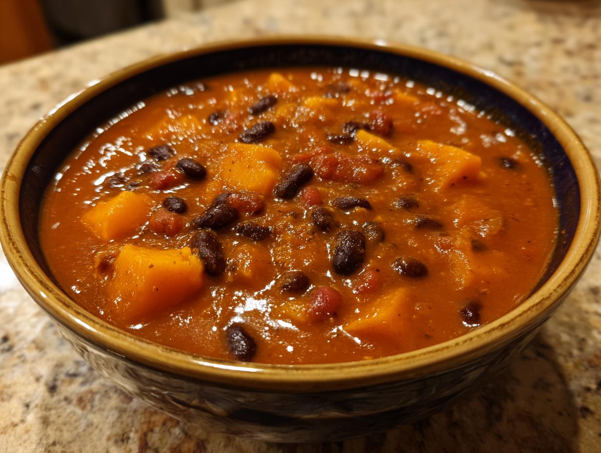 Close-up of a rustic bowl filled with thick, orange butternut squash chili featuring black beans and tomatoes.