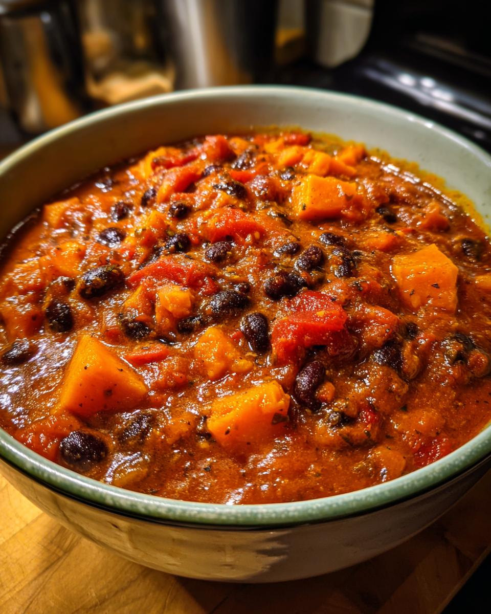 Close-up of a rich, thick butternut squash chili featuring chunks of orange squash, black beans, and diced tomatoes in a savory sauce.