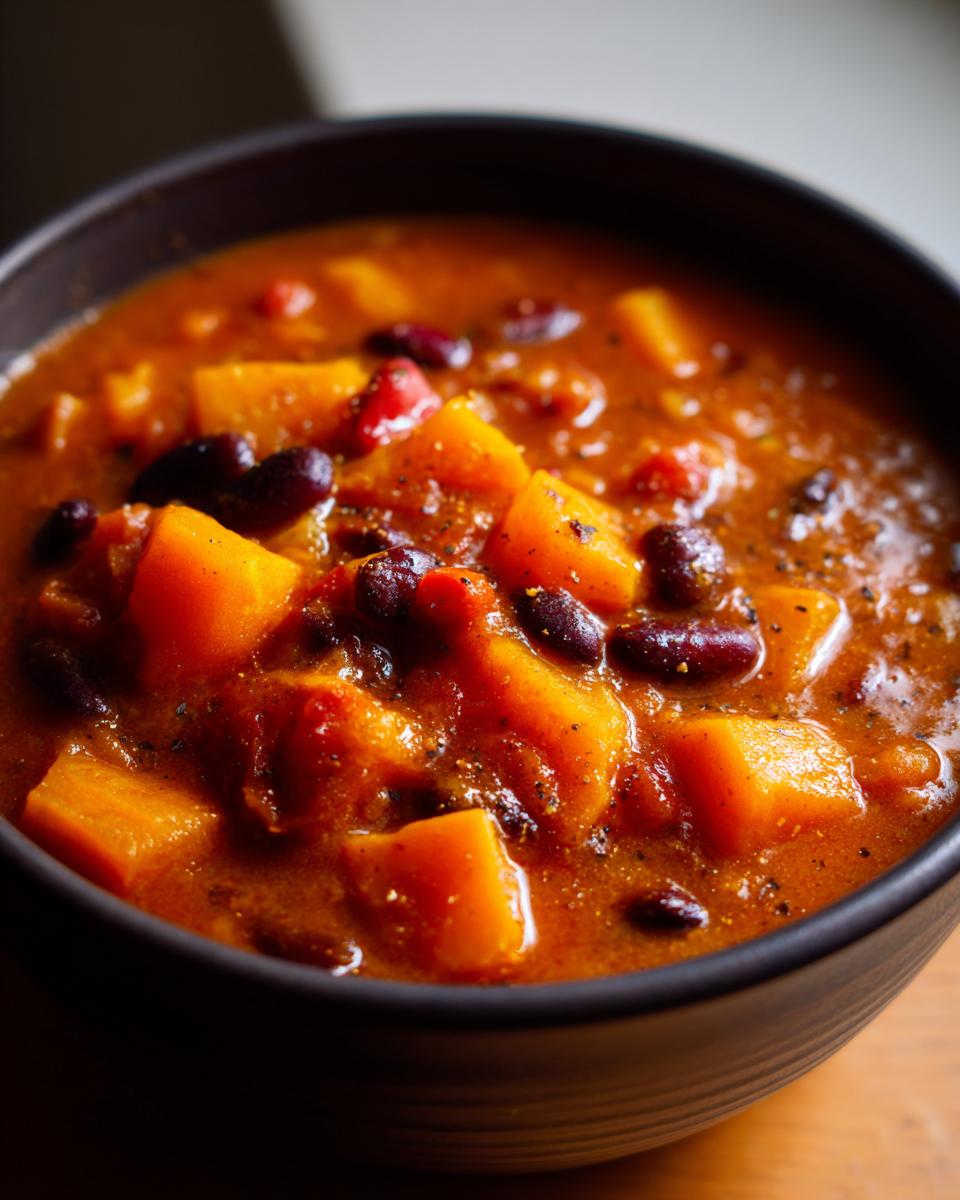 Close-up of a rich, thick butternut squash chili with black beans in a dark bowl, seasoned with pepper.