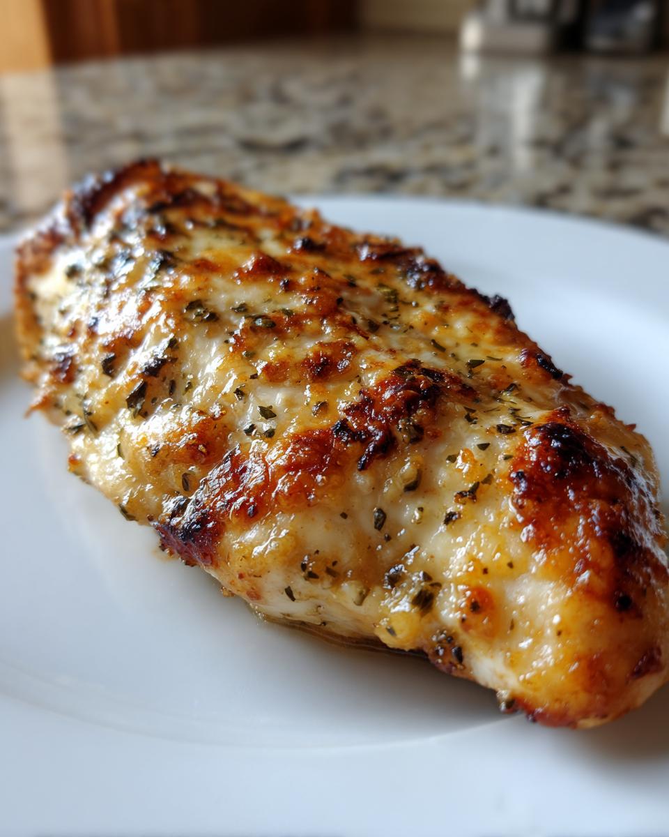 A close-up photo of a single, golden-brown baked caesar chicken breast topped with herbs on a white plate.