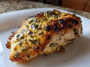 Close-up of a juicy, golden-brown Caesar chicken breast seasoned with herbs, ready to eat.