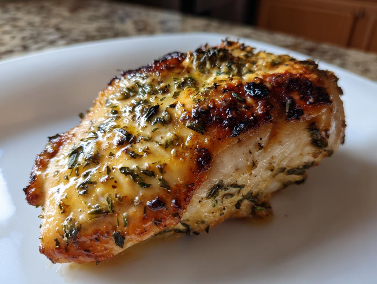 Close-up of a juicy, golden-brown Caesar chicken breast seasoned with herbs, ready to eat.