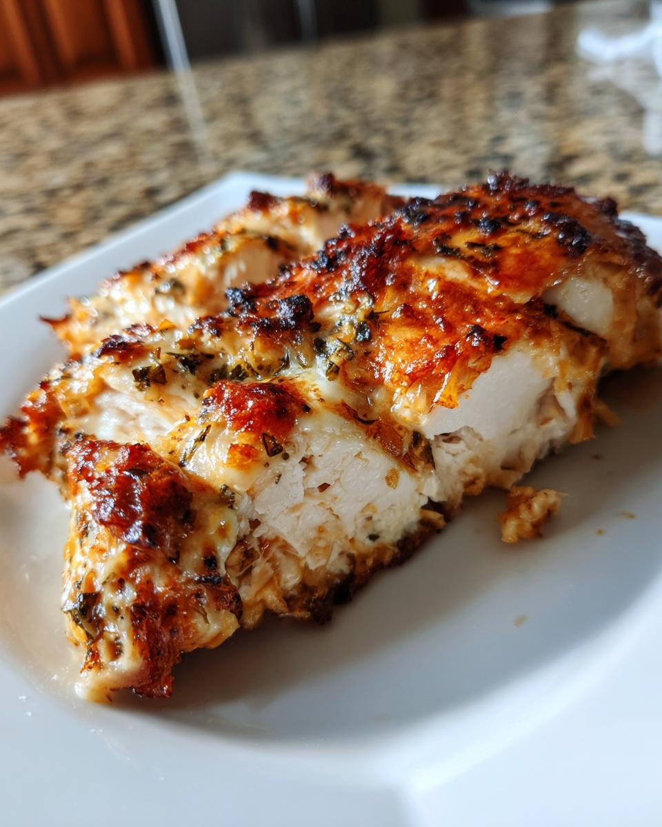 Close-up of sliced, baked caesar chicken breast showing a golden-brown, herbed crust and juicy white interior.