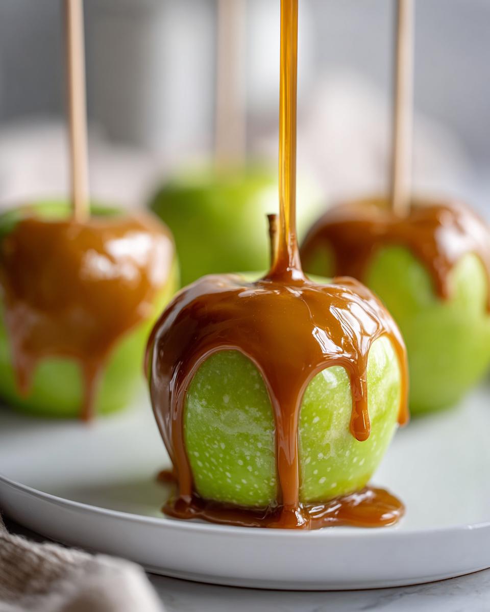 Close-up of thick, glossy caramel being poured over a bright green caramel apple on a white plate.