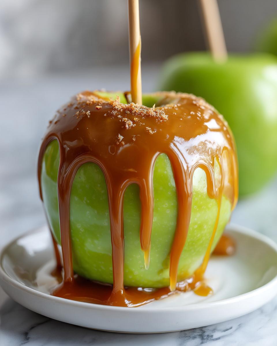 A bright green Granny Smith apple being dipped in rich caramel sauce to create a perfect caramel apple.
