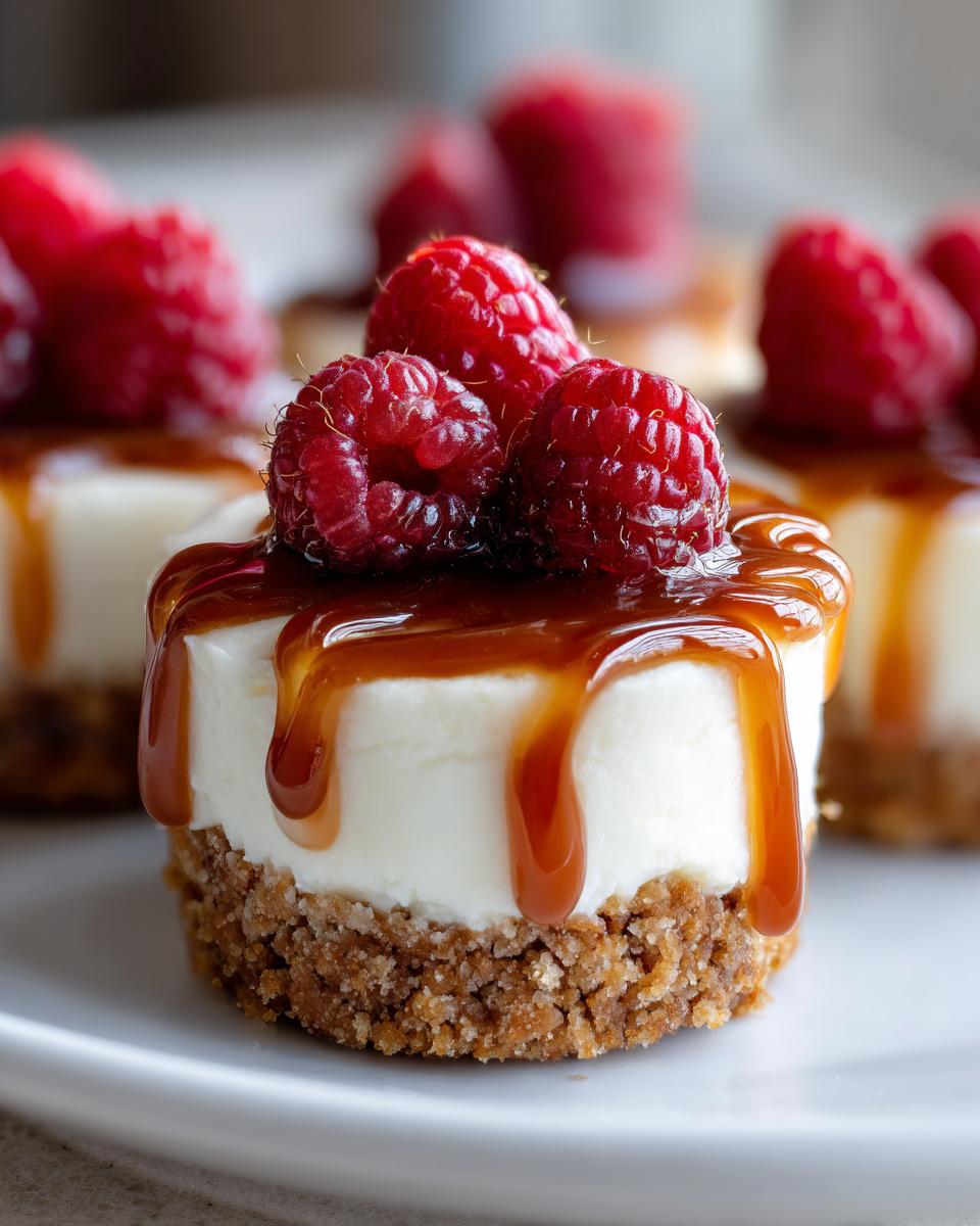 A close-up of one caramel raspberry mini cheesecake bite with a graham cracker crust.