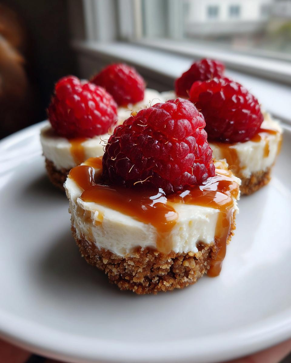 Close-up of delicious mini cheesecake bites topped with caramel sauce and fresh raspberries.