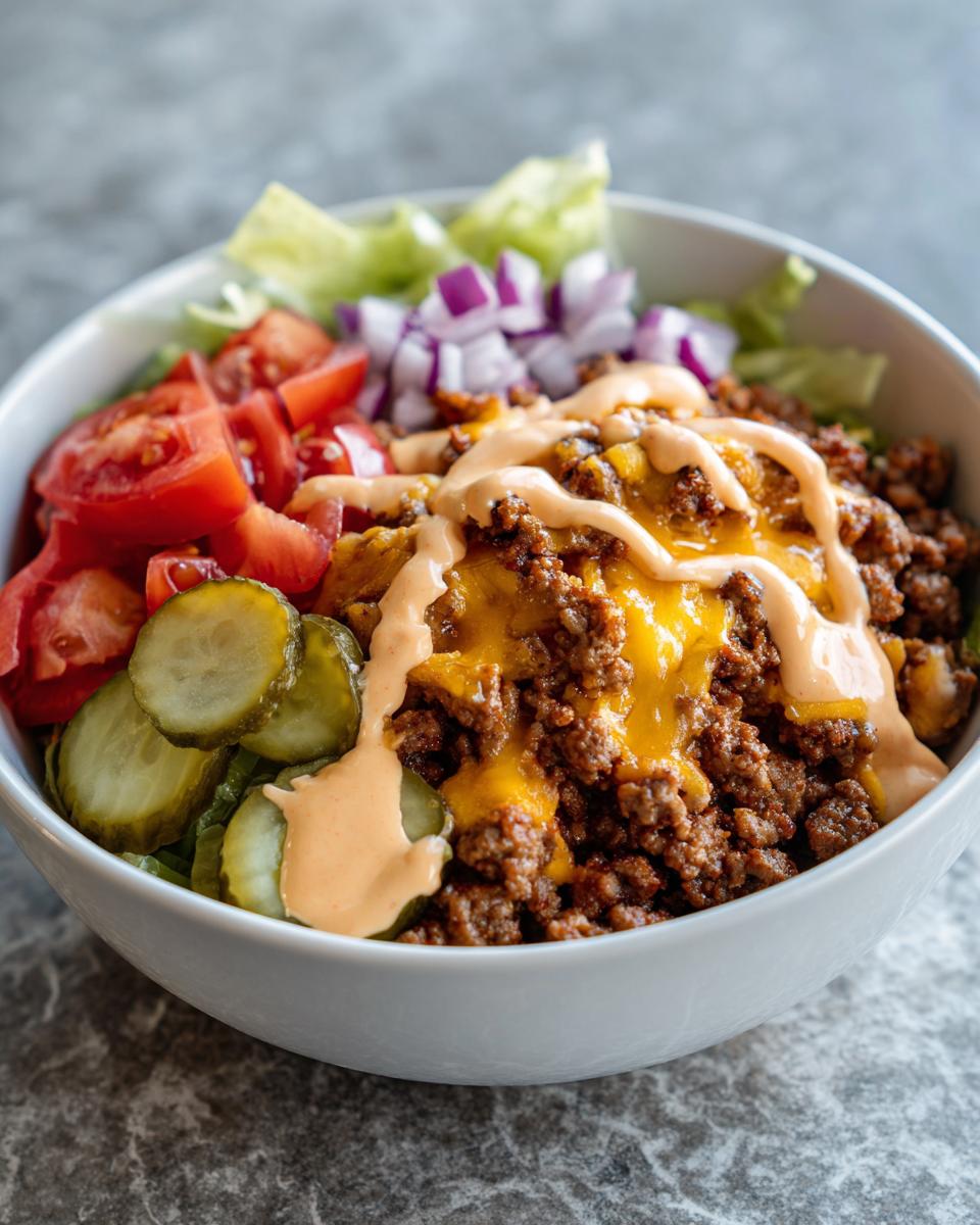 A close-up of a delicious cheeseburger bowl featuring seasoned ground beef, melted cheese, pickles, tomatoes, onions, and a drizzle of sauce.