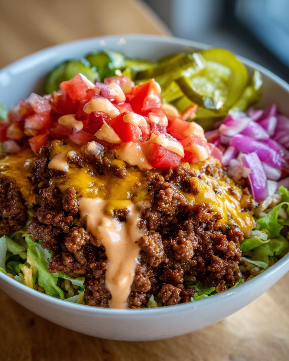 A close-up of a delicious cheeseburger bowl featuring seasoned ground beef, melted cheese, diced tomatoes, and sauce over lettuce.