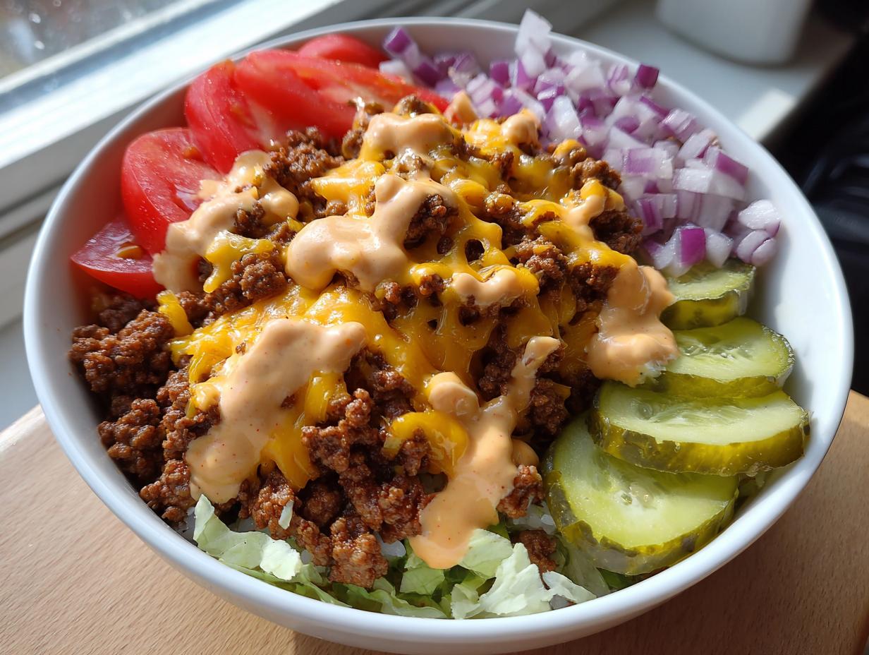 A white bowl filled with ingredients for a cheeseburger bowl, featuring seasoned ground beef, melted cheese, and special sauce over lettuce.