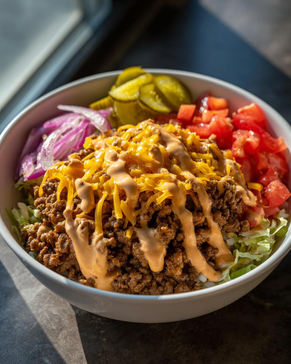 A white bowl filled with a cheeseburger bowl featuring seasoned ground beef, shredded cheese, sauce drizzle, lettuce, tomatoes, onions, and pickles.