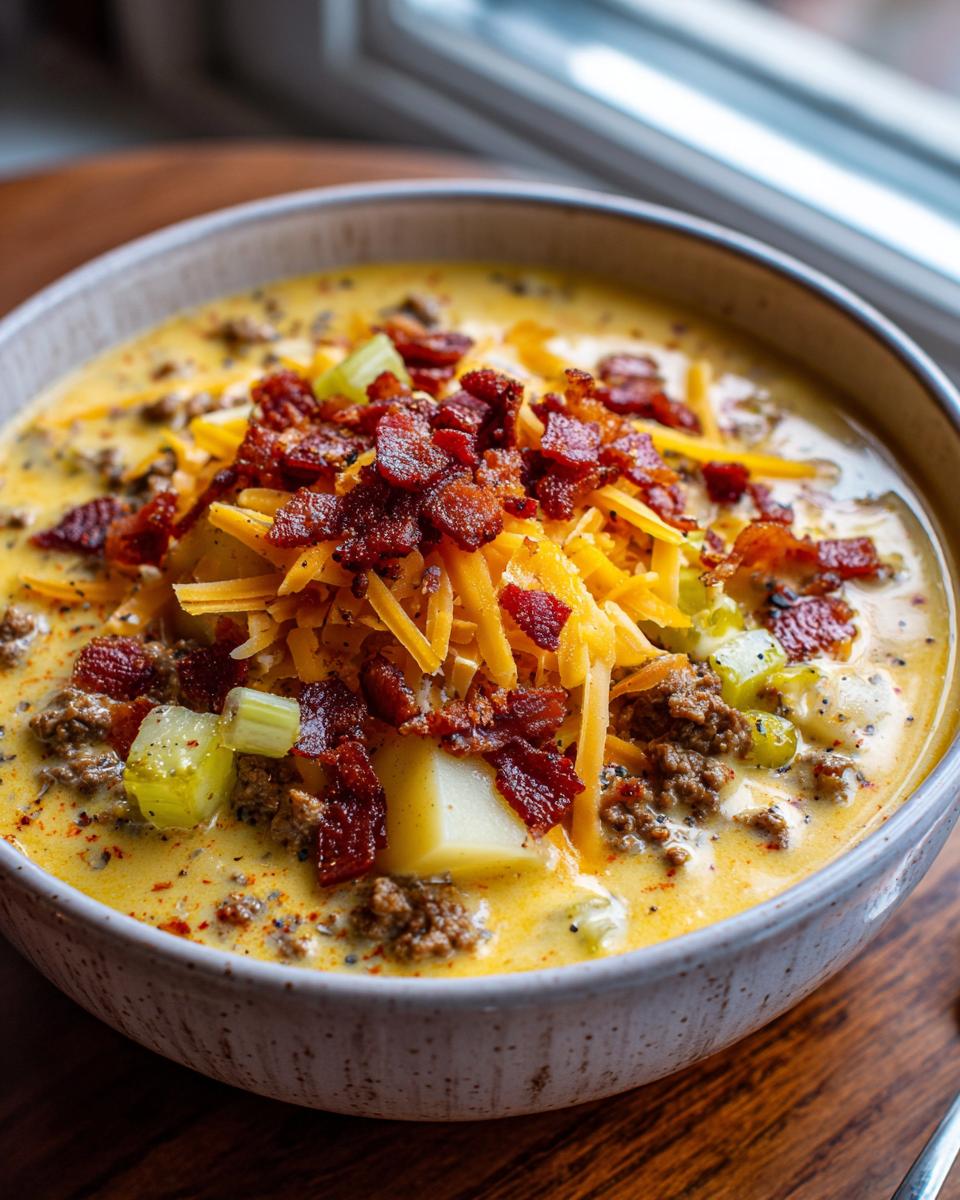 A close-up of a hearty bowl of cheeseburger soup recipe, loaded with ground beef, potatoes, cheddar, and crispy bacon.