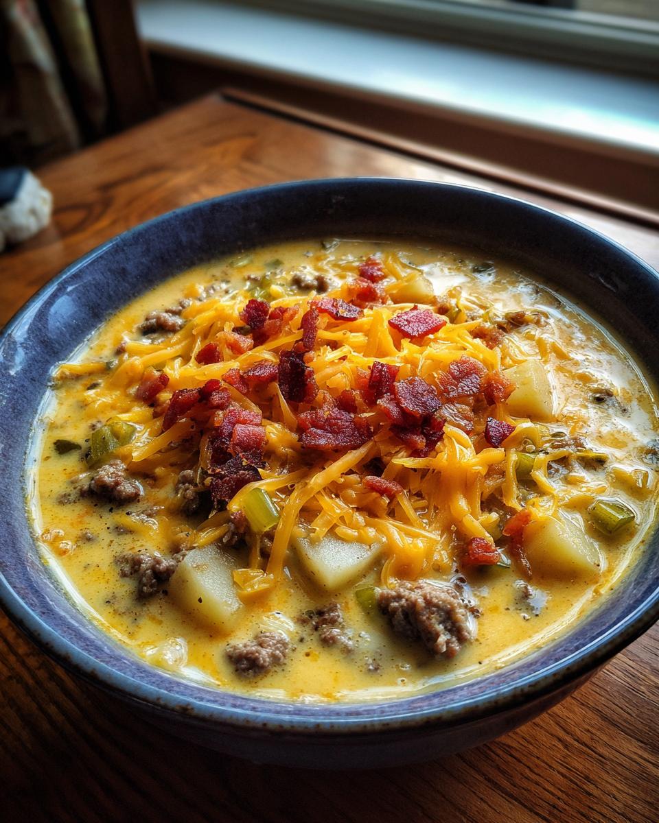 A close-up of a hearty bowl of cheeseburger soup recipe topped with shredded cheddar and crispy bacon.