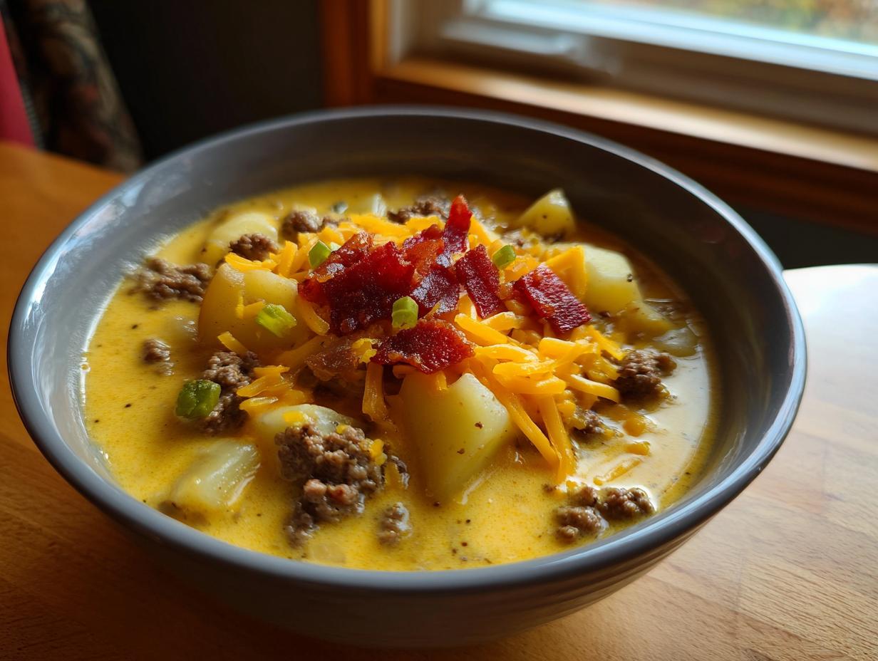A close-up of a bowl of creamy cheeseburger soup recipe, topped with potatoes, ground beef, shredded cheddar, and bacon.