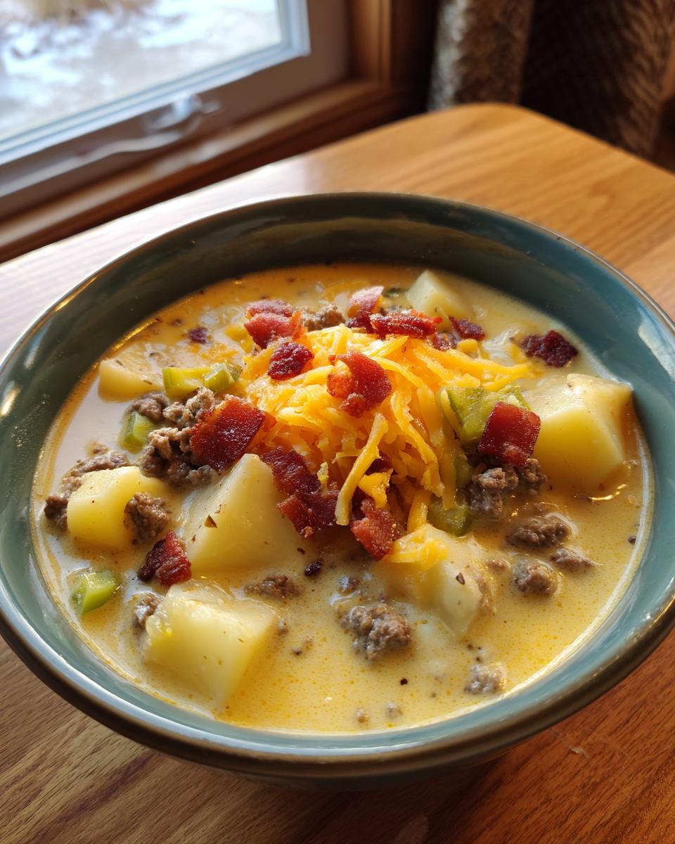 A close-up of a creamy, rich cheeseburger soup recipe bowl, featuring potatoes, ground beef, and topped with shredded cheddar and bacon bits.