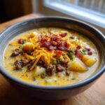 A close-up of a hearty bowl of cheeseburger soup recipe topped with ground beef, potatoes, shredded cheddar, and bacon.