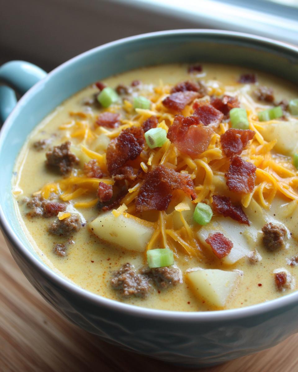 A close-up of a bowl of creamy cheeseburger soup recipe, topped with shredded cheddar cheese, bacon bits, and green onions.