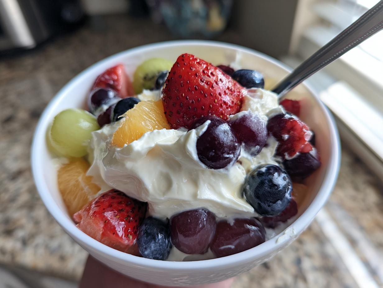 Close-up of a white bowl filled with creamy cheesecake fruit salad topped with strawberries, blueberries, grapes, and orange slices.