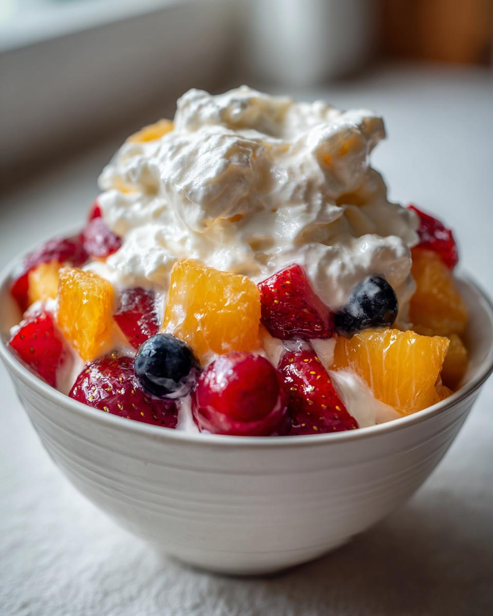 A white bowl filled with vibrant mixed berries, orange segments, and topped generously with whipped cream, resembling a cheesecake fruit salad.
