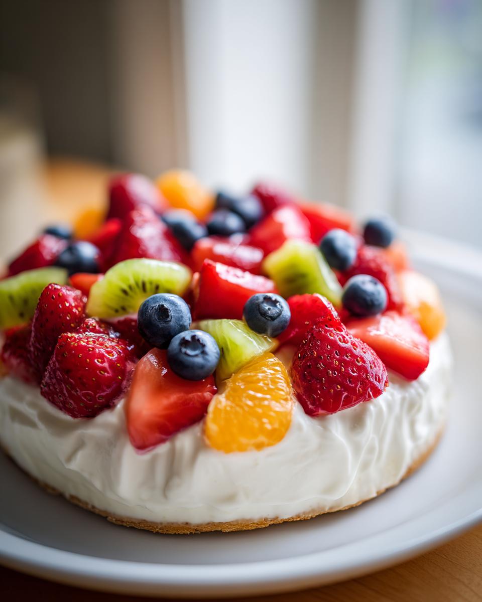 Close-up of a creamy dessert topped with strawberries, blueberries, kiwi, and mandarin oranges, resembling a cheesecake fruit salad.