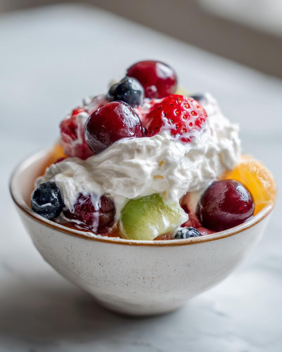 Close-up of a small bowl filled with cheesecake fruit salad topped generously with whipped cream, cherries, and blueberries.