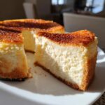 A slice of creamy cheesecake recipe with a beautifully browned, crack-free top, sitting next to the rest of the cake.