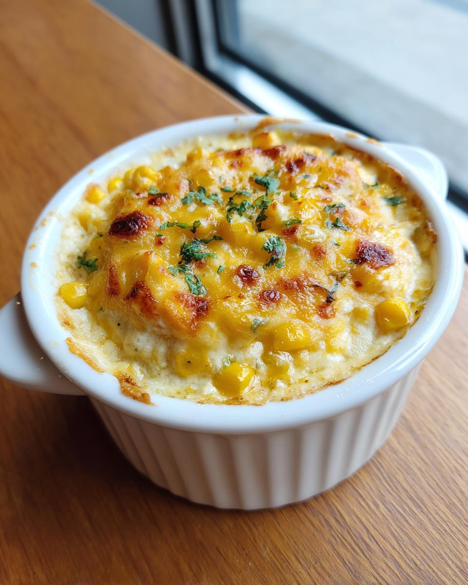 Close-up of a hot, baked corn dip topped with melted, browned cheese and parsley in a white ramekin.